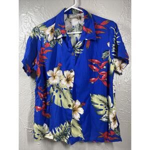 Aloha Hut Hawaii Blue Floral‎ Tropic Short Sleeve Shirt Button Front Size Large